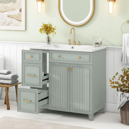 36-inch Bathroom Vanity, Transitional Style Bathroom Cabinet with Resin Sink, Green Single Bathroom Cabinet, with 2 Drawers and 1 Adjustable Storage Shelf, 2 Soft-close Doors