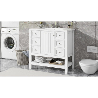 36" Bathroom Vanity with Sink Combo, One Cabinet and Three Drawers, Solid Wood and MDF Board, White