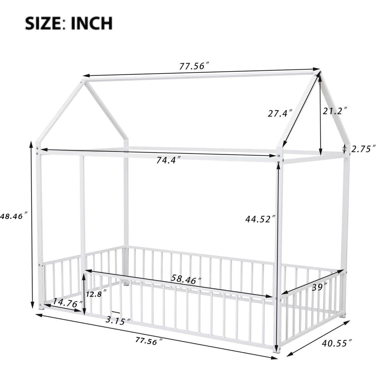 Twin Size Metal Bed House Bed Frame with Fence, for Kids, Teens, Girls, Boys, White