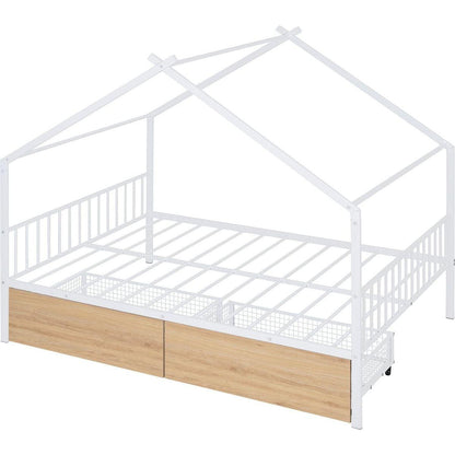 Full Size Metal House Bed with Two Drawers, White
