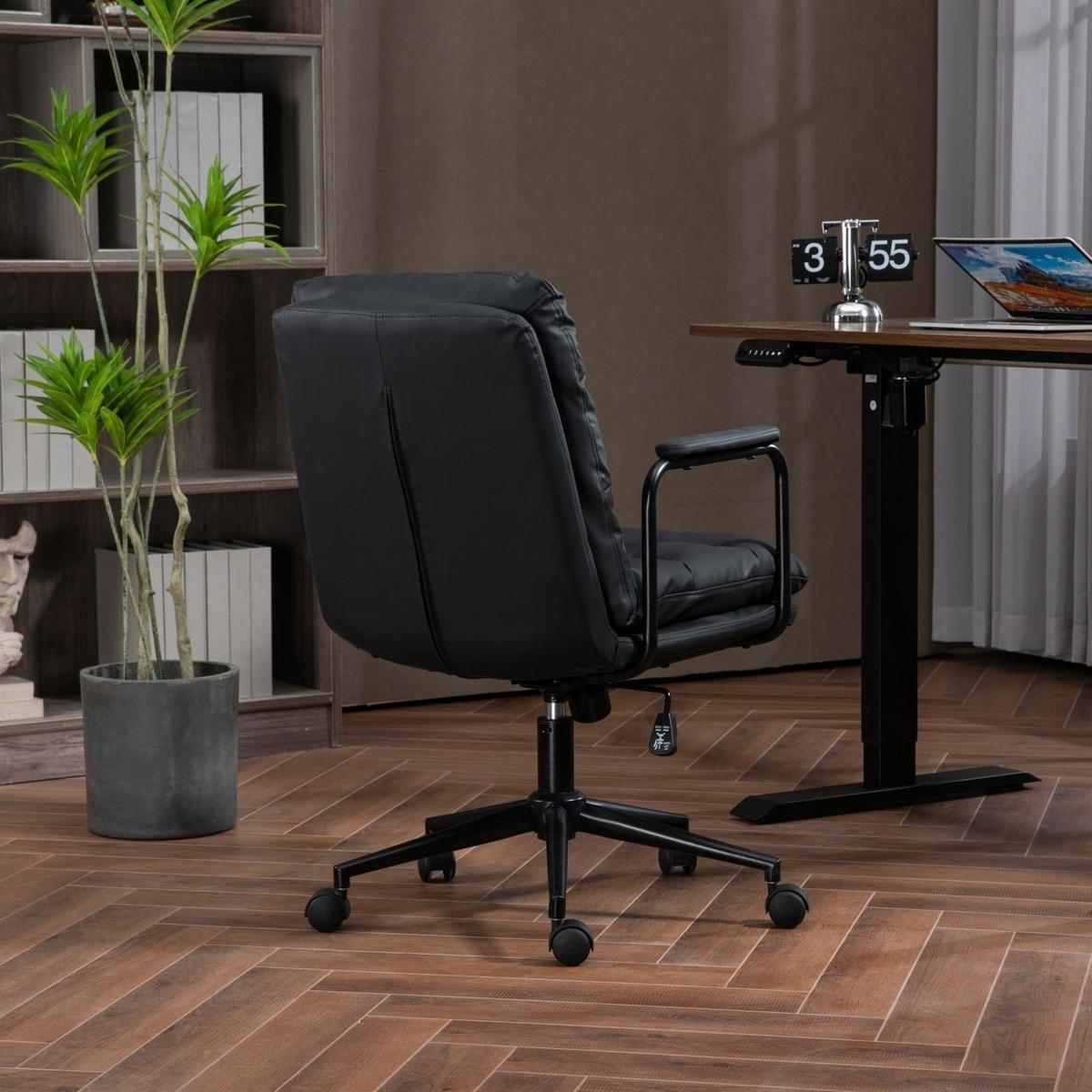 Office Chair,Mid Back Home Office Desk Task Chair with Wheels and Arms Ergonomic PU Leather Computer Rolling Swivel Chair with Padded Armrest,The back of the chair can recline 40 (Black)