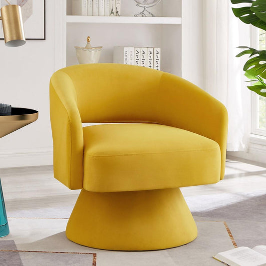 Modern Swivel Barrel Chair, Upholstered Velvet Round Accent Chairs,360 Degree Comfy Swivel Chair with Open Backrest, Single Chair Armchair for Living Room Bedroom, Homerest, Yellow