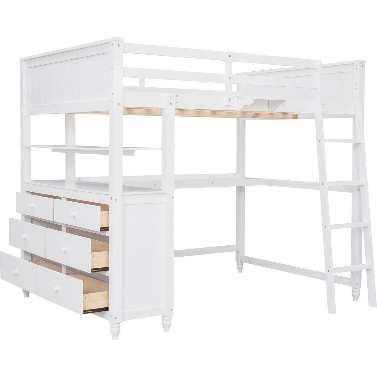 Full size Loft Bed with Drawers and Desk, Wooden Loft Bed with Shelves - White