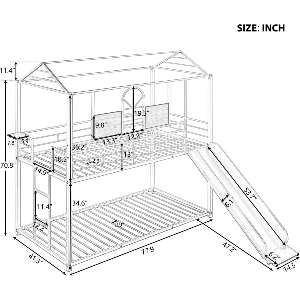 Twin Over Twin Metal Bunk Bed, Metal Housebed With Slide,Three Colors Available.(Black with Black Slide)