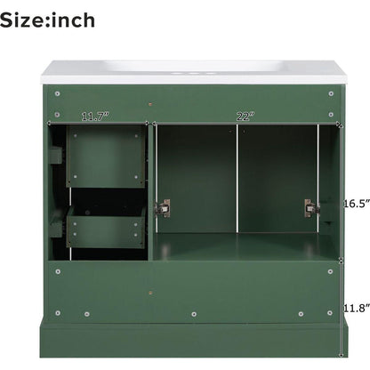 36-inch Traditional Bathroom Vanity with Resin Sink Combo Set, Green Bathroom Cabinet with Two Doors and Four Drawers