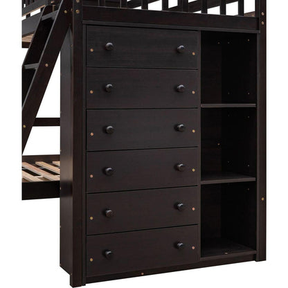 Wooden Twin Over Full Bunk Bed With Six Drawers And Flexible Shelves,Bottom Bed With Wheels,Espresso