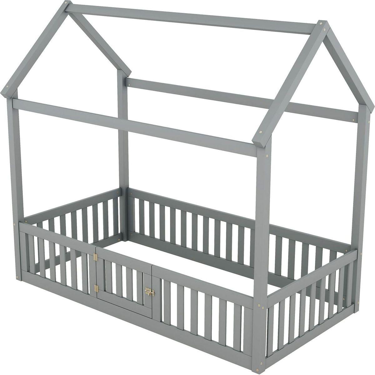 Twin Size Wood House Bed with Fence and Door, Gray