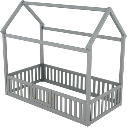 Twin Size Wood House Bed with Fence and Door, Gray