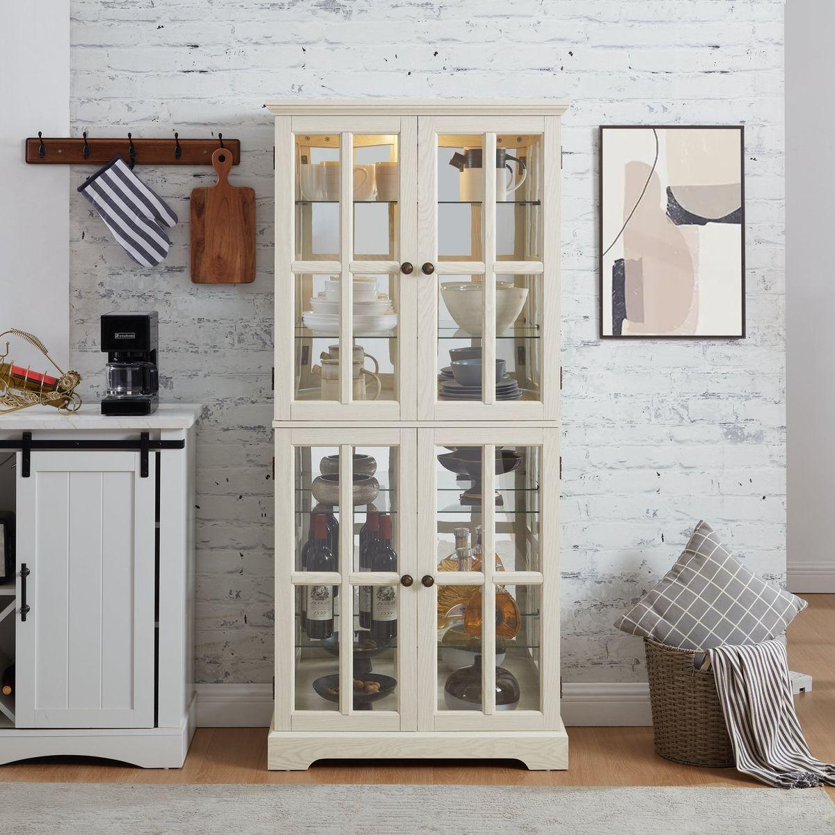 Curio Display Cabinet,Antique Display Cabinet with Glass Doors Adjustable Shelves for Collectibles Four Door Design Vintage Showcase for Home or Office Antique Display Case E26 Bulb Included  WHI