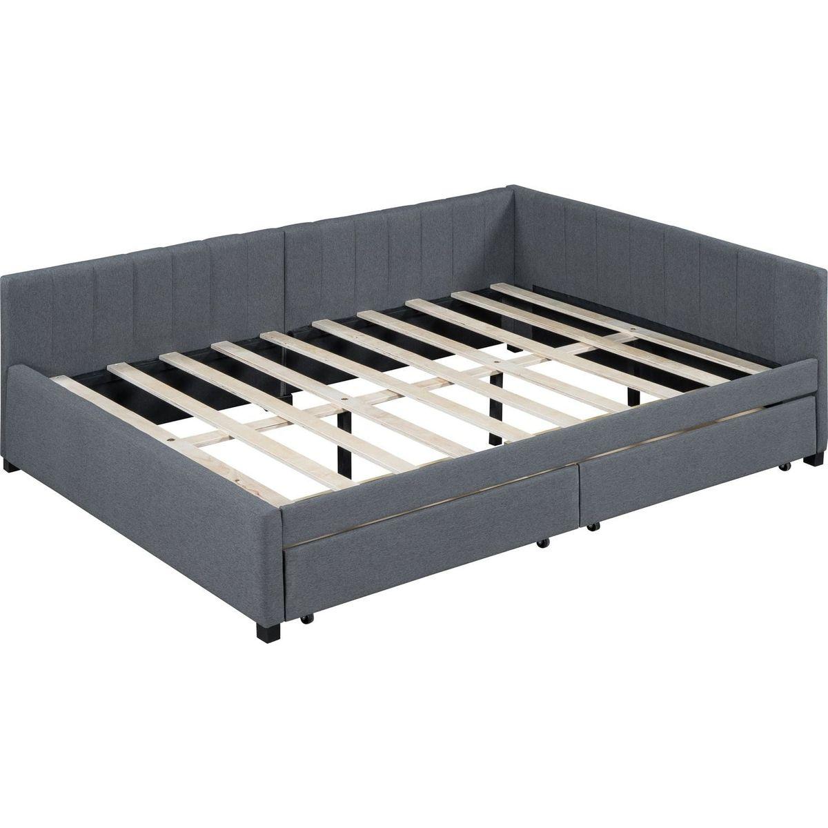Full Size Upholstered Daybed with 2 Storage Drawers Sofa Bed Frame No Box Spring Needed, Linen Fabric (Gray)