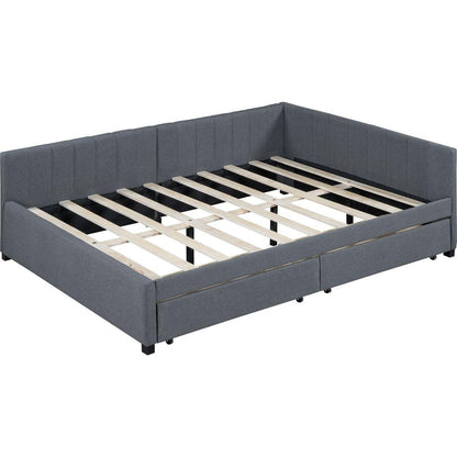 Full Size Upholstered Daybed with 2 Storage Drawers Sofa Bed Frame No Box Spring Needed, Linen Fabric (Gray)