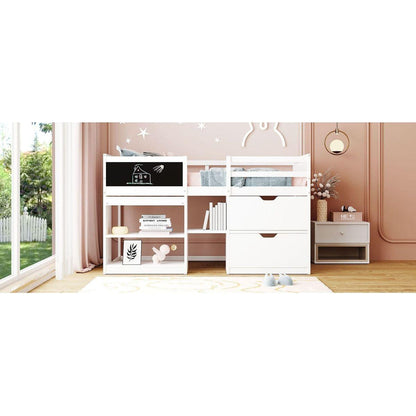 Twin Size Low Loft Bed with Rolling Desk, Shelf and Drawers - White