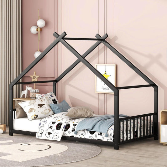 Twin Size Metal House Bed, Black