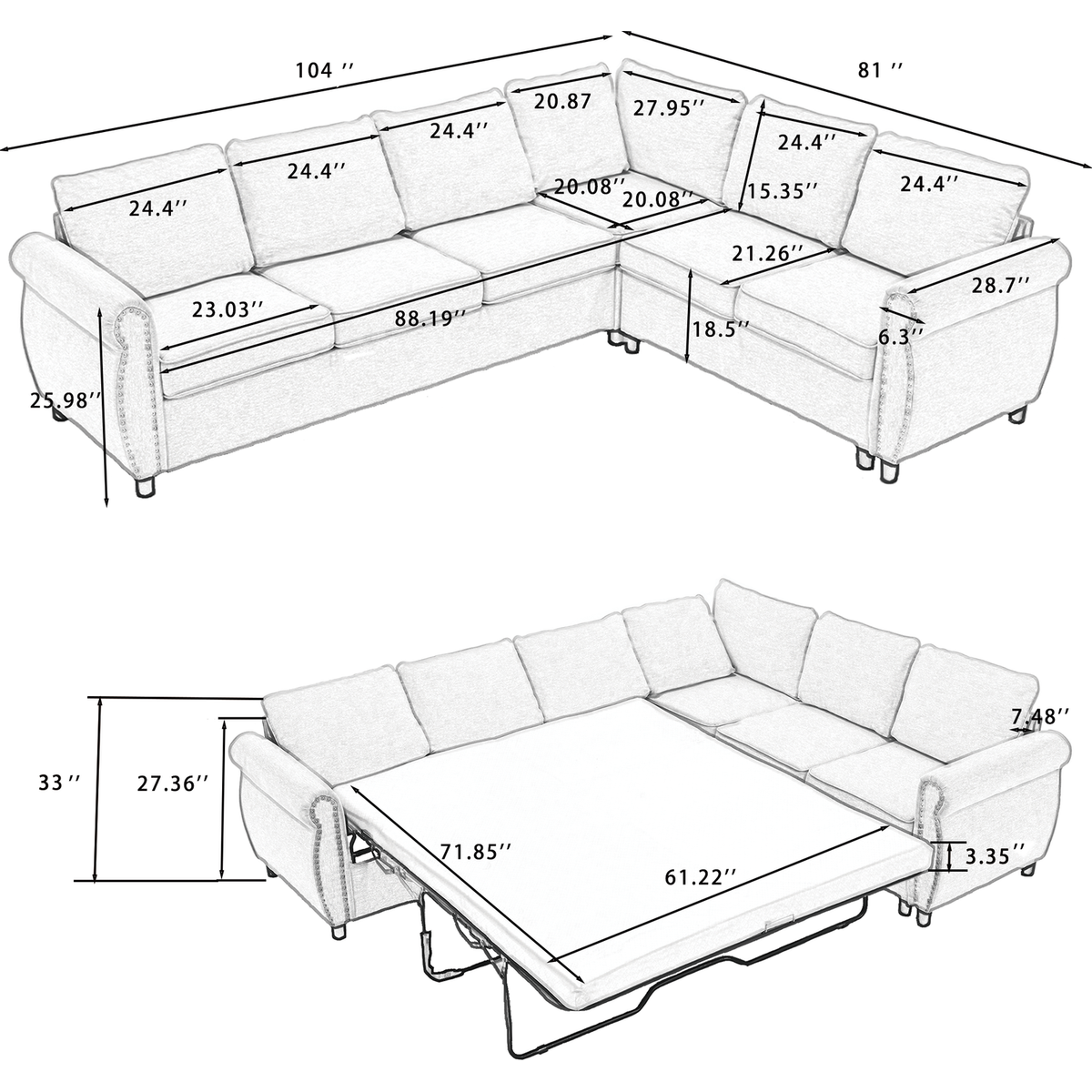 Sleeper Sofa, 2 in 1 Pull Out Couch Bed,6 seater sofa bed, L Shaped Sleeper Sectional Sofa Couch,Riveted sofa,104" Large combined sofa Bed in living room, Beige