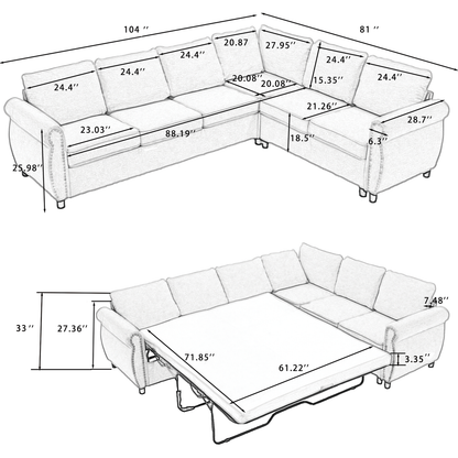Sleeper Sofa, 2 in 1 Pull Out Couch Bed,6 seater sofa bed, L Shaped Sleeper Sectional Sofa Couch,Riveted sofa,104" Large combined sofa Bed in living room, Beige