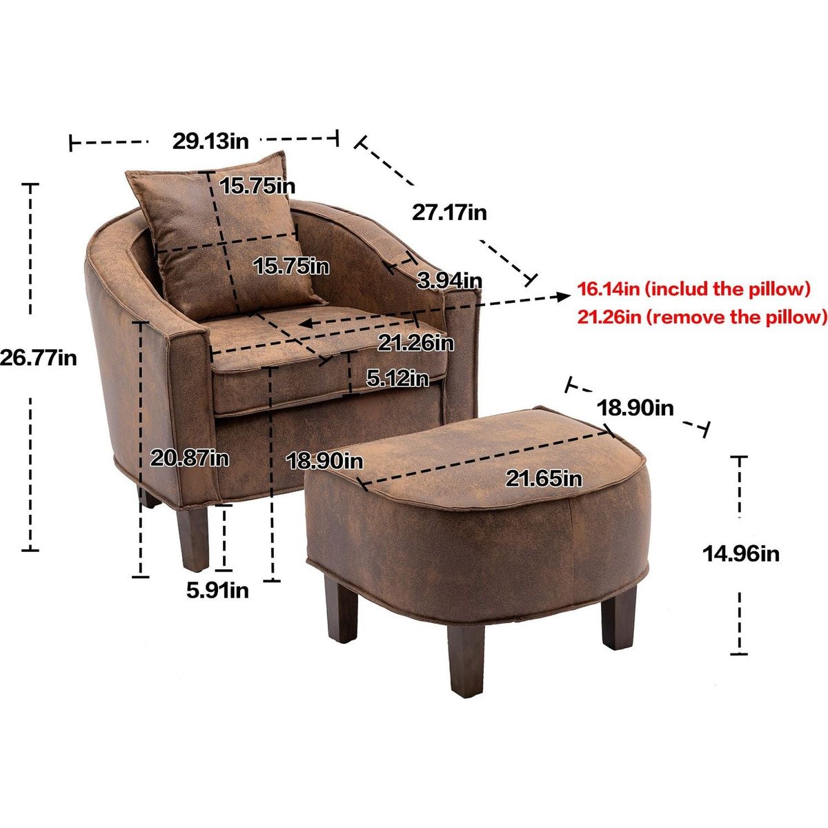 Accent Chair with Ottoman, Mid Century Modern Barrel Chair Upholstered Club Tub Round Arms Chair for Living Room