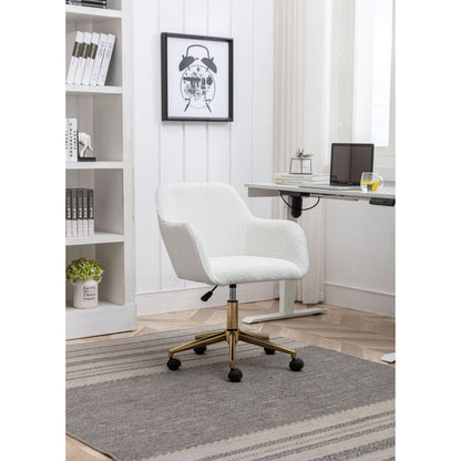 Modern Teddy Fabric Material Adjustable Height 360 Revolving Home Office Chair With Gold Metal Legs And Universal Wheel For Indoor,White