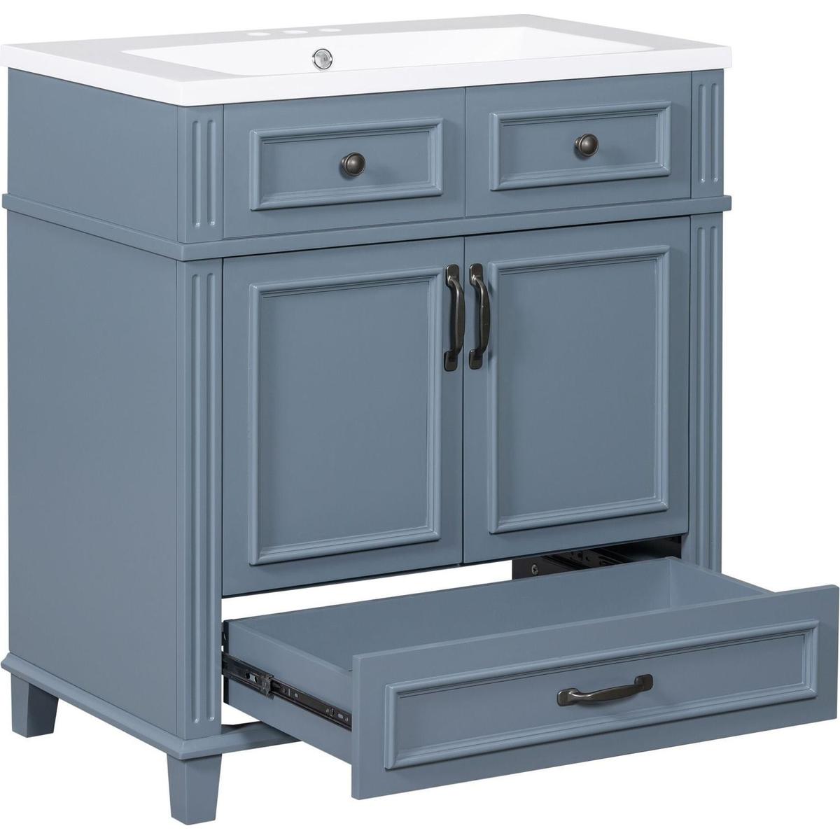 30" Bathroom Vanity with Resin Sink,Solid Wood Frame Bathroom Storage Cabinet with Soft Closing Doors,Retro Style, Blue