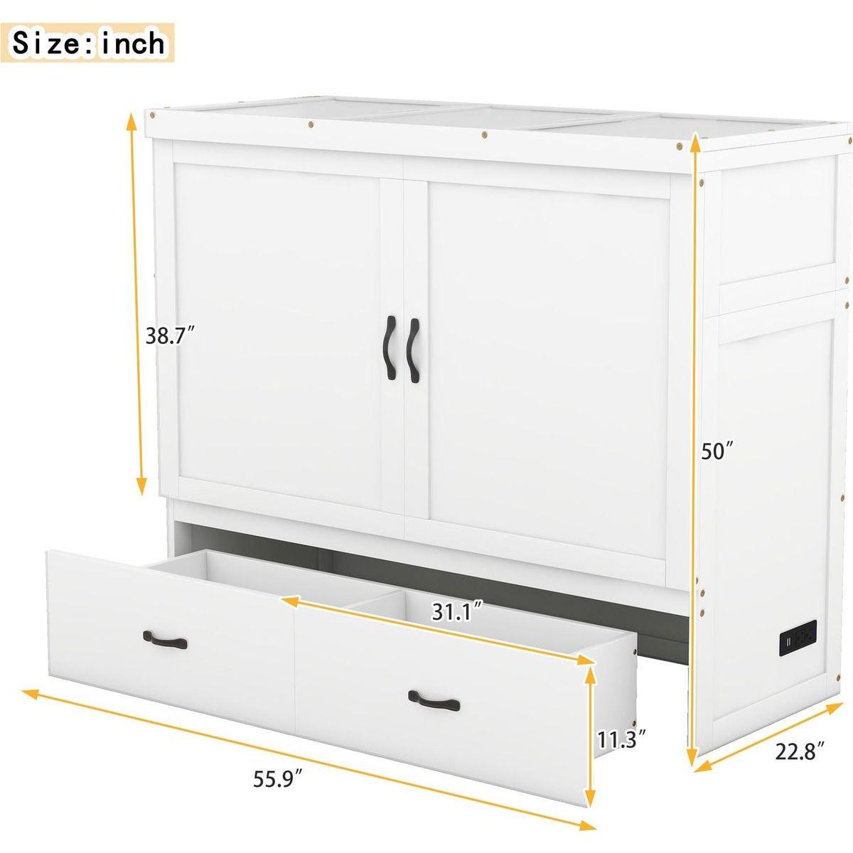 Full Size Murphy Bed with USB Port and a Large Drawer, White