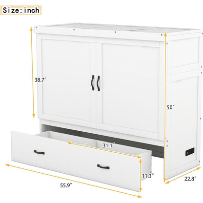 Full Size Murphy Bed with USB Port and a Large Drawer, White