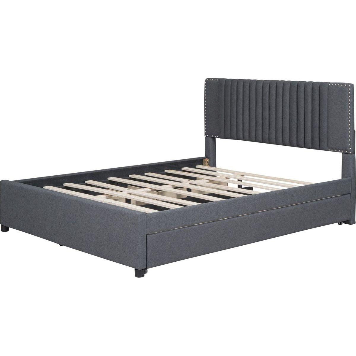 Queen Size Upholstered Platform Bed with 2 Drawers and 1 Twin XL Trundle, Classic Headboard Design, Gray
