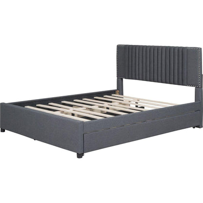 Queen Size Upholstered Platform Bed with 2 Drawers and 1 Twin XL Trundle, Classic Headboard Design, Gray