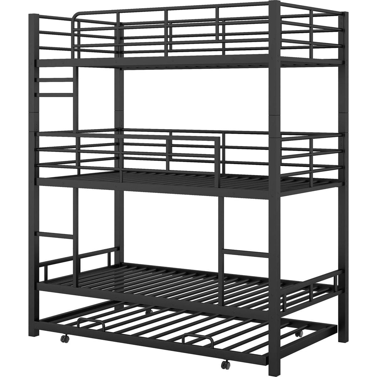 Metal Twin Size Triple Bunk Bed With Trundle, Black