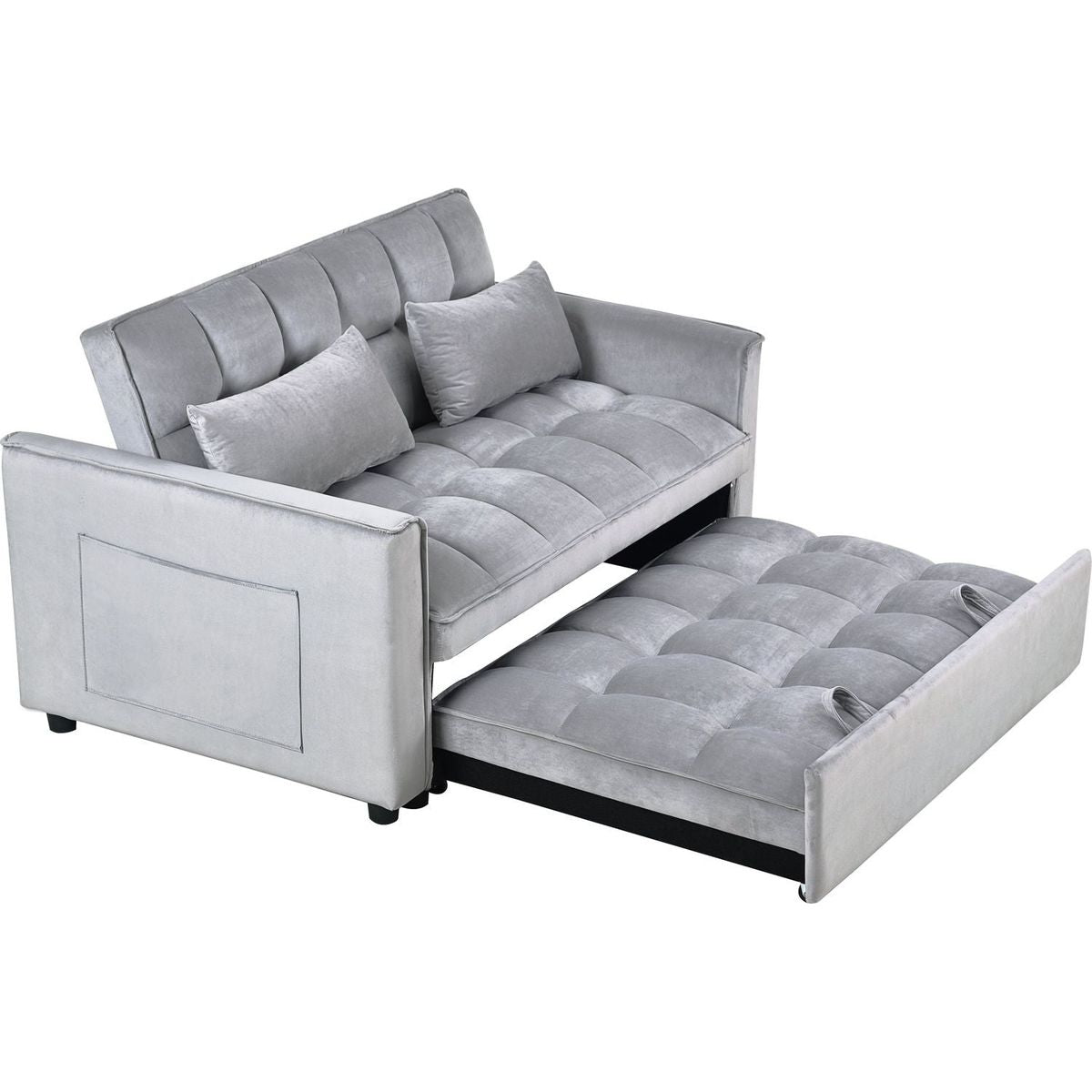 3 in 1 Convertible Sleeper Sofa Bed, Modern Pull Out Couch Bed, Adjustable Backrest, Velvet Loveseat Futon Sofa with Pillows & Pockets for Living Room Apartment, Grey