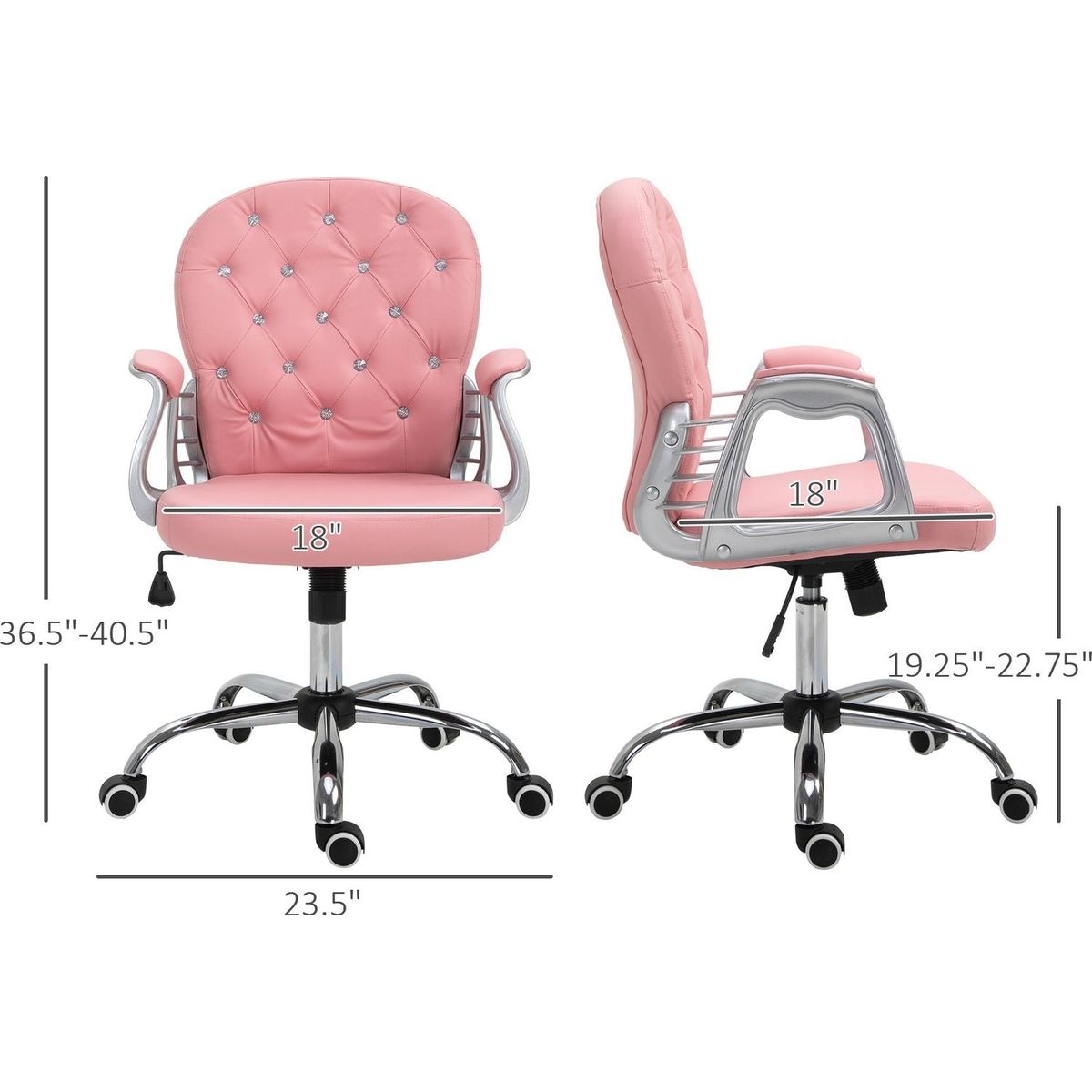 PU Leather Home Office Chair, Button Tufted Desk Chair with Padded Armrests, Adjustable Height and Swivel Wheels, Pink