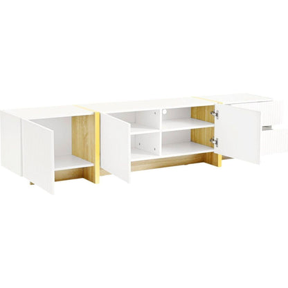 Luxury Fluted TV Stand for TVs Up to 80", Modern Entertainment Center with Storage Cabinets & Drawers, Smooth Media Console with Golden Wood Grain Legs for Living Room, White