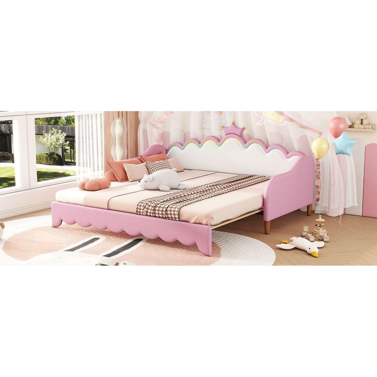 Twin Extending Daybed with LED Lights, Modern Upholstered Princess Daybed With Crown Headboard,Pink