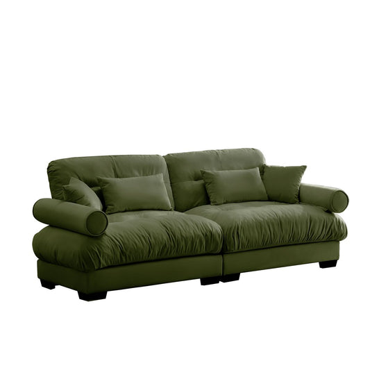 Modern Velvet Large Two-Seater Sofa with Bolstered Armrests and Pillows, Olive Green