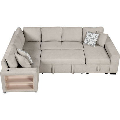 109" U-shaped Sectional Sofa Pull-out Sofa Bed with Two USB Ports, a Storage Chaise Lounge and Four Back Pillows for Living Room, Beige