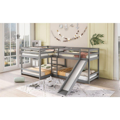 Full and Twin Size L-Shaped Bunk Bed with Slide and Short Ladder,Gray