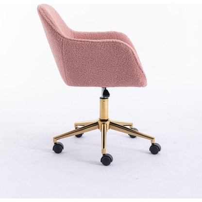 Modern Teddy Fabric Material Adjustable Height 360 Revolving Home Office Chair With Gold Metal Legs And Universal Wheel For Indoor,Pink