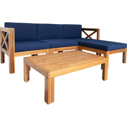 Outdoor Backyard Patio Wood 5-Piece Sectional Sofa Seating Group Set with Cushions, Natural Finish+ Blue Cushions