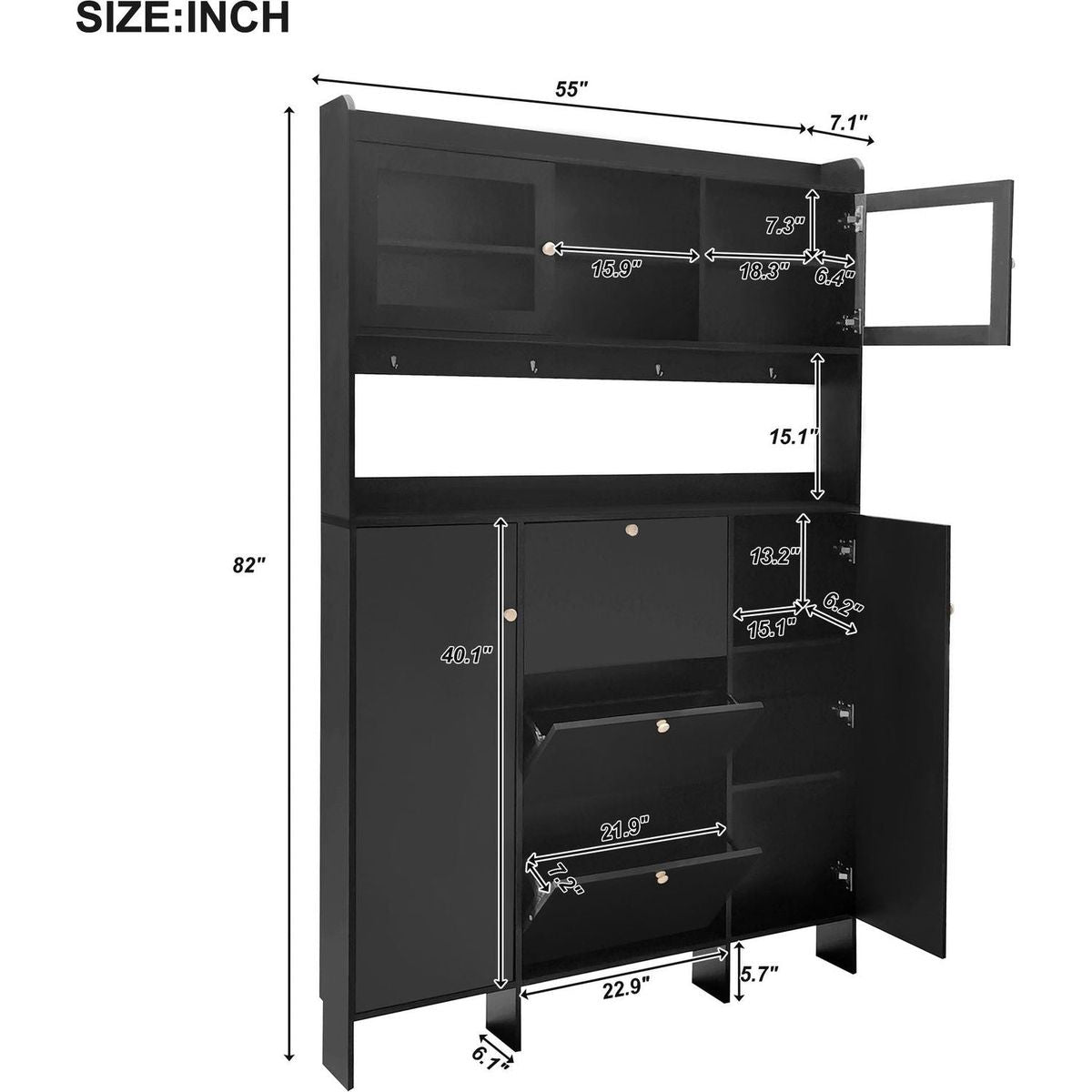 Contemporary Shoe Cabinet with Open Storage Platform, Tempered Glass Hall Tree with 3 Flip Drawers, Versatile Tall Cabinet with 4 Hanging Hooks for Hallway, Black