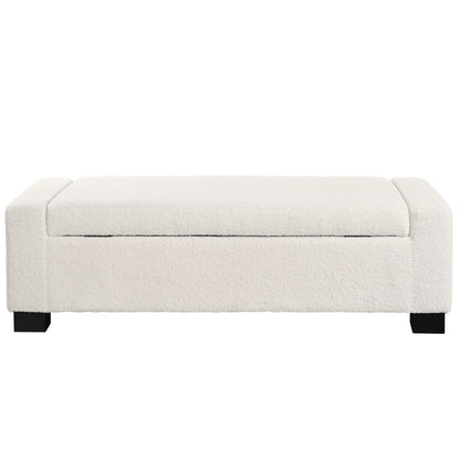 Textured Boucle Ottoman Bench with Hinged Lid for Seating and Storage in Beige, 50 Inches, Solid Wood
