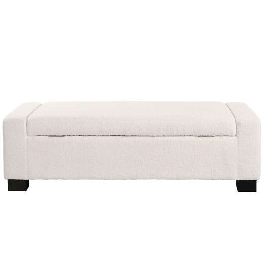 Textured Boucle Ottoman Bench with Hinged Lid for Seating and Storage in Beige, 50 Inches, Solid Wood