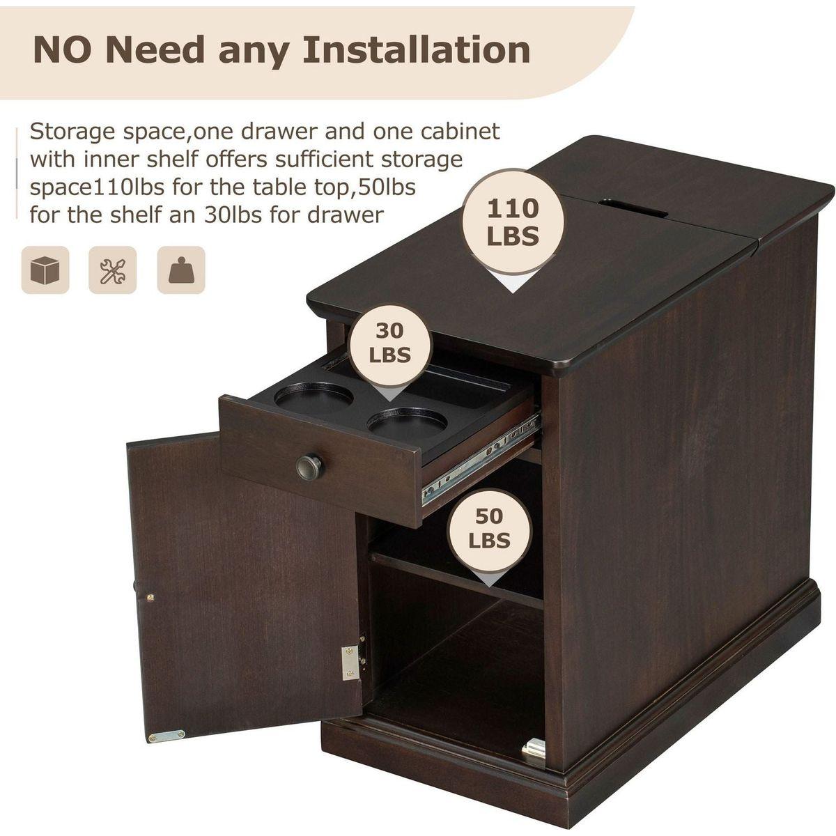 Classic Vintage Livingroom End Table Side Table with USB Ports and One Multifunctional Drawer with cup holders, Antique Espresso