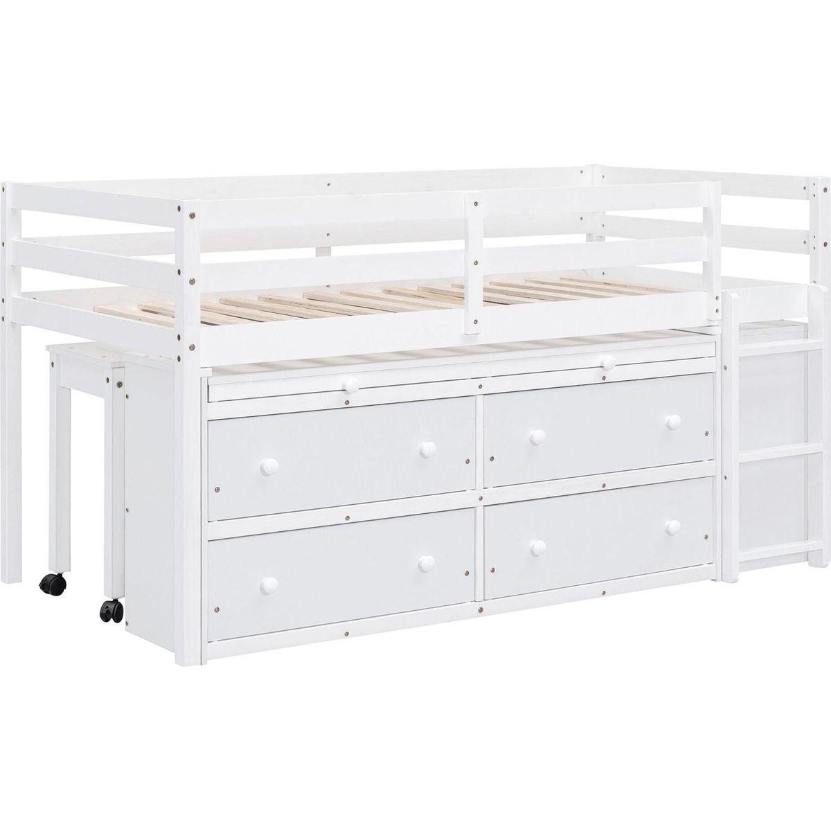 Twin Size Loft Bed with Retractable Writing Desk and 4 Drawers, Wooden Loft Bed with Lateral Portable Desk and Shelves, White