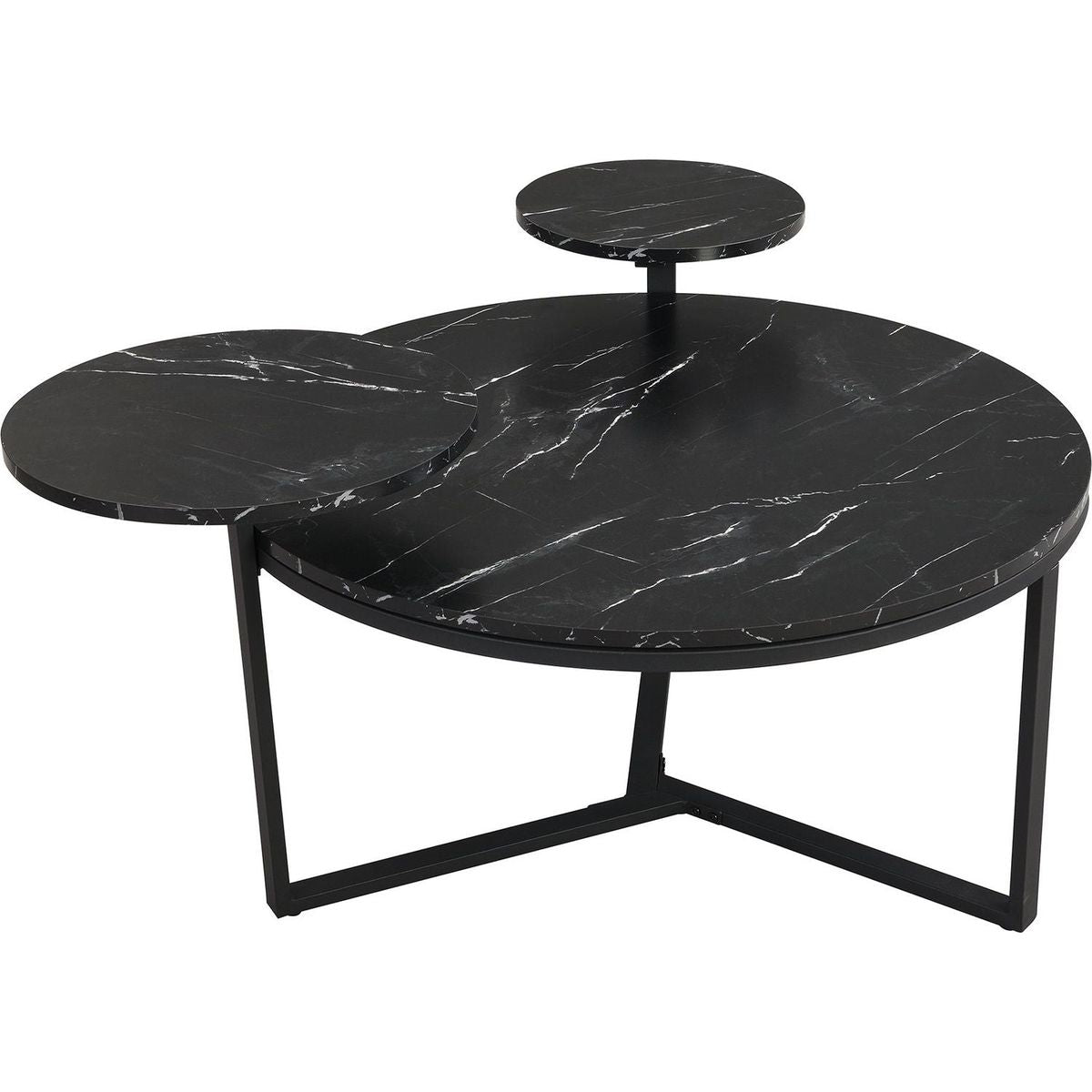 Modern coffee table with two display shelves, Black Faux marble surfaces, Tripod-inspired base,Rounded tabletop edges