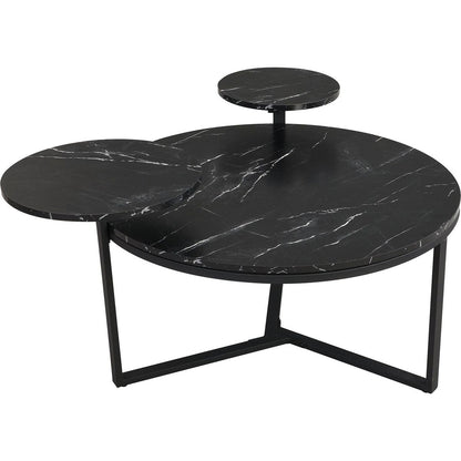 Modern coffee table with two display shelves, Black Faux marble surfaces, Tripod-inspired base,Rounded tabletop edges