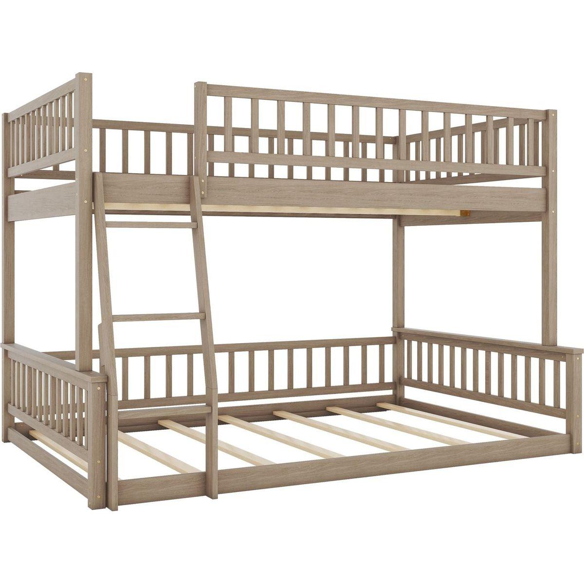 Full XL over Queen Bunk Bed with Ladder and Guardrails, Walnut