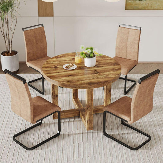 A modern and practical circular dining table. Made of MDF tabletop and wooden MDF table legs. 4-piece technology cloth high backrest cushion side chair, C-shaped tube black metal legs.