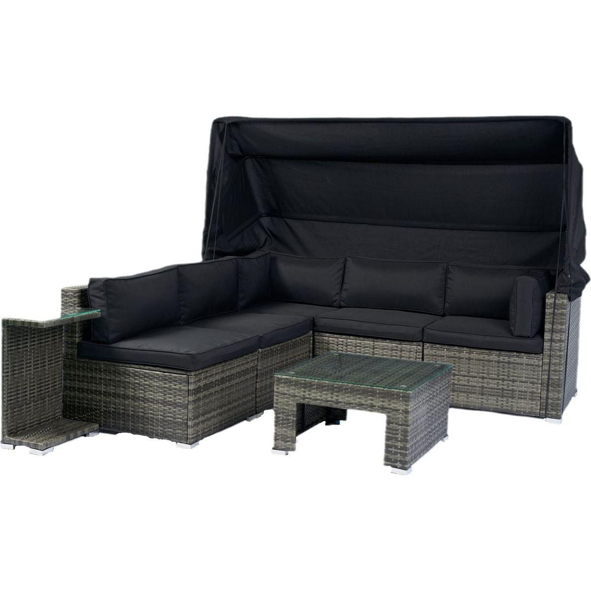 7-Piece Patio Furniture Set w/Retractable Canopy Wicker Rattan Sectional Sofa Set Patio Furniture with Washable Cushions for Lawn, Garden, Backyard, Poolside Grey wicker + Black Cushion