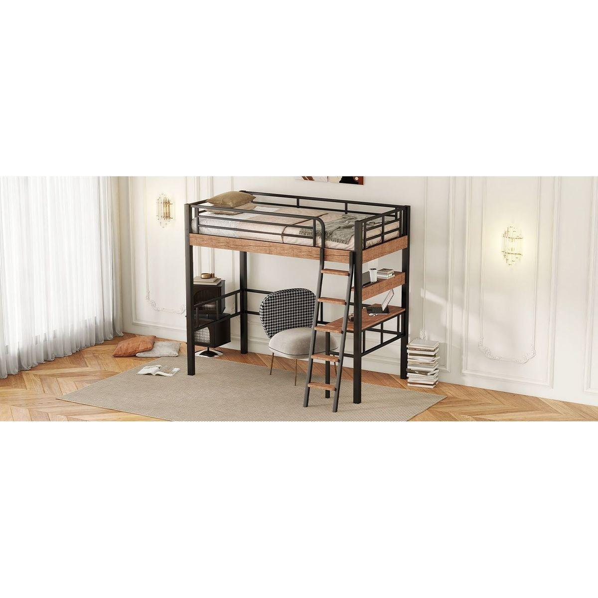 Metal Twin Size Loft Bed with Built-in Desk, Storage Shelf and Ladder, Black