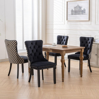 Classic Velvet Dining Chairs, High-end Tufted Solid Wood Contemporary Velvet Upholstered Dining Chair with Wood Legs Nailhead, SET OF 2,Black and Patterned