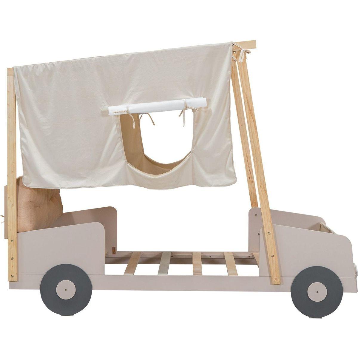 Wood Twin Size Car Bed with Pillow, Ceiling Cloth and LED, Natural