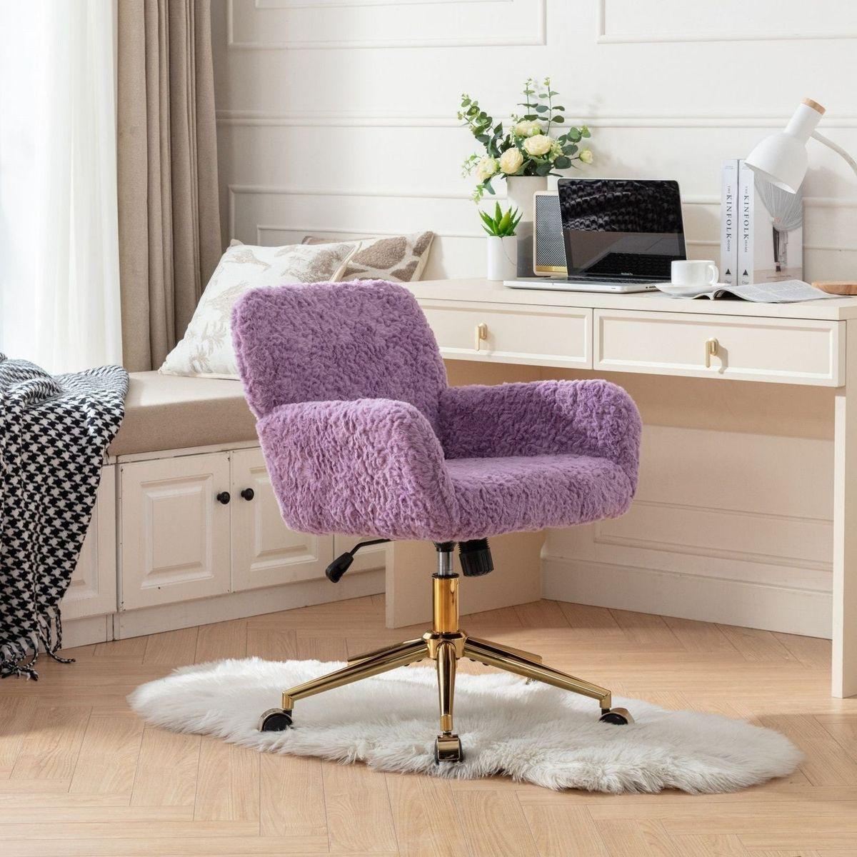 Office Chair,Artificial rabbit hair Home Office Chair with Golden Metal Base,Adjustable Desk Chair Swivel Office Chair,Vanity Chair(Violet) - Streamdale Furniture
